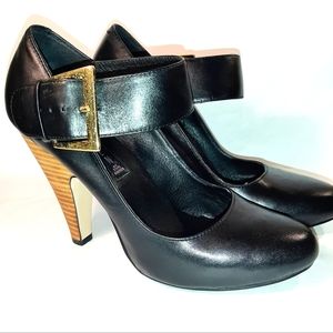 Steven, Black Leather Pumps w/Ankle Strap & Gold Buckle